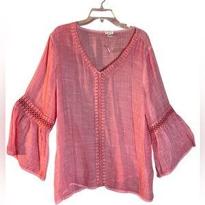 Spense Blushstroke Crochet V-Neck baby doll Bell Sleeve Lightweight Tunic Large